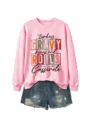Sweat-shirt rose pour femme avec imprimé graphique amusant Thanksgiving et short en jean. - S / Hauts / Rose (Impression Noire)