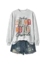 Sweat-shirt femme gris col ras du cou avec short en jean et joli texte graphique de vacances. - S / Hauts / Gris (Impression Noire)