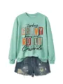 Sweat-shirt vert menthe col rond à motif Thanksgiving associé à un short en denim. - S / Hauts / Vert clair
