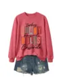 Sweatshirt à manches longues et col rond décontracté pour femme avec short en jean, mode automne. - S / Hauts / Rouge (Imprimé Noir)