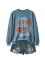 Sweat-shirt femme manches longues col rond avec short en jean dechire ensemble loisirs. - S / Hauts / Bleu (Impression Blanche)