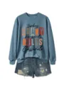 Sweat-shirt bleu décontracté à col rond avec motif Thanksgiving et short en denim. - S / Hauts / Bleu (Impression Noire)