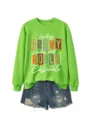 Sweat-shirt femme vert col rond automne hiver décontracté manches longues haut graphique - S / Hauts / Vert Fluorescent (Impression Blanche)