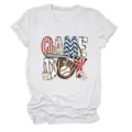 Detailed view of the white short sleeve t-shirt featuring baseball game day print. - S / Tops / Sand