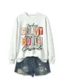 Sweat-shirt à manches longues imprimé Thanksgiving pour femmes avec short en jean élégant. - S / Hauts / Blanc Cassé (Impression Noire)