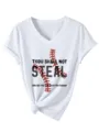 Λεπτομερής εικόνα λευκού γυναικείου t-shirt με V λαιμόκοψη και τύπωμα μπέιζμπολ. - S / Tops / Λευκό