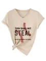 Casual γυναικείο T-shirt V-larios κοντομάνικο με κόμπο και σχέδιο μπέιζμπολ - S / Tops / Χρώμα της Άμμου