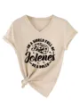 T-shirt femme décontracté col V manches courtes beige avec imprimé graphique nœud. - S / Hauts / Sable