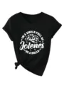 T-shirt femme décolleté en V à manches courtes avec bel imprimé graphique et nœud. - S / Hauts / Noir