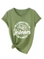 Femme T-Shirt Vert Col V Manches Courtes Noeud avec Imprime Lettre Jolene Style Variante - S / Hauts / Vert Militaire