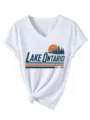 Maglietta Casual Donna Collo a V Maniche Corte Stampa Vintage Lago Ontario Top Bianco - Taglia S / Top / Bianco