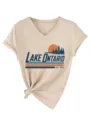 Maglietta estiva da donna vintage Lake Ontario con scollo a V e nodo casual chic - Taglia S / Top / Colore sabbia