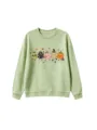 Detailed view of the light green sweatshirt featuring a cute cartoon pumpkin autumn graphic print. - 110cm / Tops / Olive Green