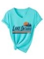 Maglietta Donna Turchese Collo a V Manica Corta con Stampa Paesaggio Lago Ontario e Nodo - Taglia S / Top / blu profondo