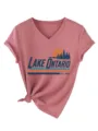 Donna Vintage Lake Ontario Est 1656 Casual Collo a V Maniche Corte T-Shirt Grafica Top. - Oro rosa
