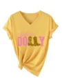 Damen gelbes V-Ausschnitt Kurzarm T-Shirt mit gekrempelten Ärmeln und süßem Print Top. - S / Oberteile / Gelb