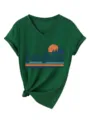 Maglietta verde da donna scollo V manica corta con stampa vintage Lake Ontario casual. - verde retrò