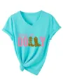 Damentürkis V-Ausschnitt Kurzarm T-Shirt mit niedlichem Dolly Western Cowboystiefel Motiv - S / Oberteile / Tiefwasserblau