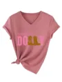 Rosa V-Ausschnitt Kurzarm T-Shirt mit Dolly Grafik für Damen Freizeitkleidung Basic - Roségold