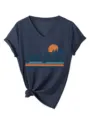 Maglietta casual da donna con scollo a V e maniche corte con stampa grafica e dettaglio a nodo. - Blu Notte