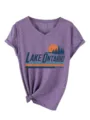 Donna vintage Lake Ontario grafico scollo V manica corta maglietta nodo orlo viola - Viola