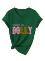 Damen Dunkelgrün V-Ausschnitt Kurzarm T-Shirt Lässig Geknoteter Saum Grafik Top Mode - Vintage Grün