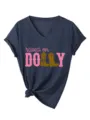 Damen V-Ausschnitt Kurzarm T-Shirt mit Buchstaben Druck und gekrempelten Ärmeln Top - Marineblau