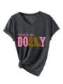 Bequemes Damen V-Ausschnitt Kurzarm T-Shirt mit modischem Dolly Grafikprint Freizeitoberteil. - Schwarzgrau Meliert