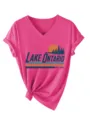 Maglietta donna scollo V manica corta rosa con stampa vintage Lake Ontario top casual. - Rosso rosa