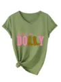 Damen V-Ausschnitt Kurzarm T-Shirt Lässiges olivgrünes Grafik T-Shirt Top mit Knoten Saum - Olivgrün