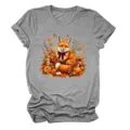 Lässiges graues Damen Kurzarm T-Shirt mit herbstlichem Fuchs und Kürbis Grafik-Print. - S / Oberteile / Dunkelgrau