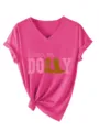 Rosa Damen V-Ausschnitt Kurzarm T-Shirt mit Dolly Westernstiefel Grafik für den Alltag. - Fuchsia