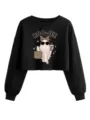 Detailansicht des schwarzen, kurzen Langarm-Sweatshirts mit spooky Leoparden-Geist-Grafik. - S / Oberteile / Schwarz