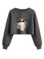 Damen dunkelgrauer kurzer Pullover mit süßem Leoparden-Geist Grafik Langarm-Oberteil. - S / Oberteile / Dunkelgrau