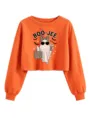 Nahaufnahme Detail des Halloween Leo Geist Drucks, modischer kurzer Pullover. - S / Oberteile / Orange