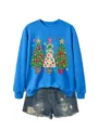 Damen Weihnachten Tanne Grafik Rundhals Langarm blaues Sweatshirt Pullover Top Neu - S / Oberteile / Seeblau