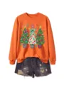 Damen lässiges orangefarbenes Langarm-Sweatshirt mit festlichem Weihnachtsbaum-Grafikprint. - S / Oberteile / Orange