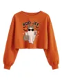 Detailansicht Damen Mode bauchfreies Sweatshirt orange langarm Leo Geist Grafik Top - Gebranntes Orange