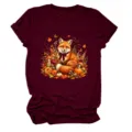 Damen Herbst Fuchs Print Grafik Kurzarm Rundhals T-Shirt Freizeit Oberteil Mode neu - S / Oberteile / Burgunderrot