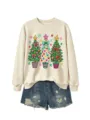 Beiger Damen Pullover mit Rundhalsausschnitt und buntem Weihnachtsbaum Grafikdruck. - S / Oberteile / Sandfarben