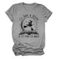 Women's grey short sleeve T-shirt featuring a witch and book graphic print, casual tee. - S / Tops / Dark Grey (Black Text)
