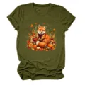 Damen Herbst Fuchs Grafik Kurzarm T-Shirt, niedlicher Blumen Pilz und Kürbis Print Top. - S / Oberteile / Armeegrün