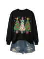 Damen Weihnachtsbaum Grafik Sweatshirt mit Jeansshorts Freizeit Set festliches Outfit - S / Oberteile / Schwarz