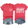 Casual women's red V-neck short sleeve t-shirt with funny letter print and denim shorts. - S / Tops / Red
