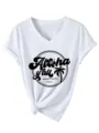 Women casual V-neck short sleeve T-shirt with front knot and tropical Aloha y'all graphic detail. - S / Tops / White