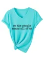 Donna turchese t-shirt scollo a V maniche corte con dettaglio stampa slogan e nodo. - Taglia S / Top / Blu Acqua Profonda (Stampa Nera)