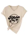 Detailed view of a casual beige V-neck short sleeve t-shirt with Aloha y'all graphic and tie knot. - S / Tops / Sand