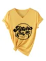 Close up view of women yellow V neck short sleeve t shirt featuring Aloha yall print. - S / Tops / Yellow
