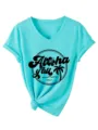 Detail view of cyan V-neck short sleeve t-shirt featuring Aloha graphic and front knot. - S / Tops / Deep Water Blue