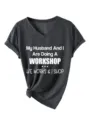 Femme Col V Manches Courtes T-Shirt Decontracte Gris Fonce Lettre Drole Top Nouveau - S / Hauts / Gris Chiné Noir